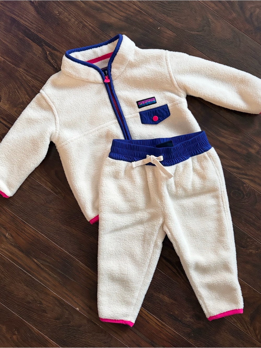 GAP Cream Sherpa Jacket with Blue Trim and Pink Accents